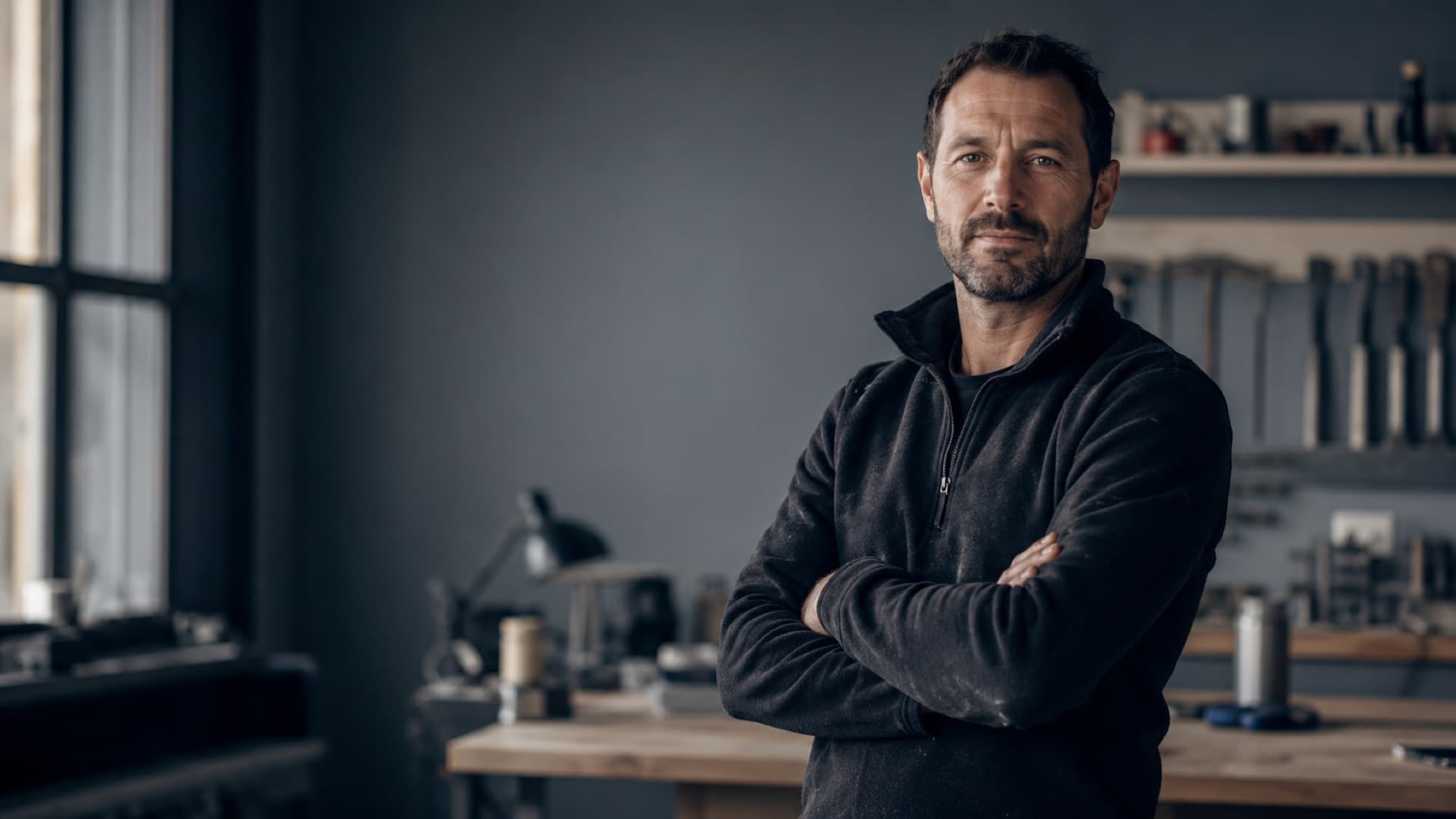 A calm, confident craftsman with arms crossed in his tidy workshop, in control of his business.