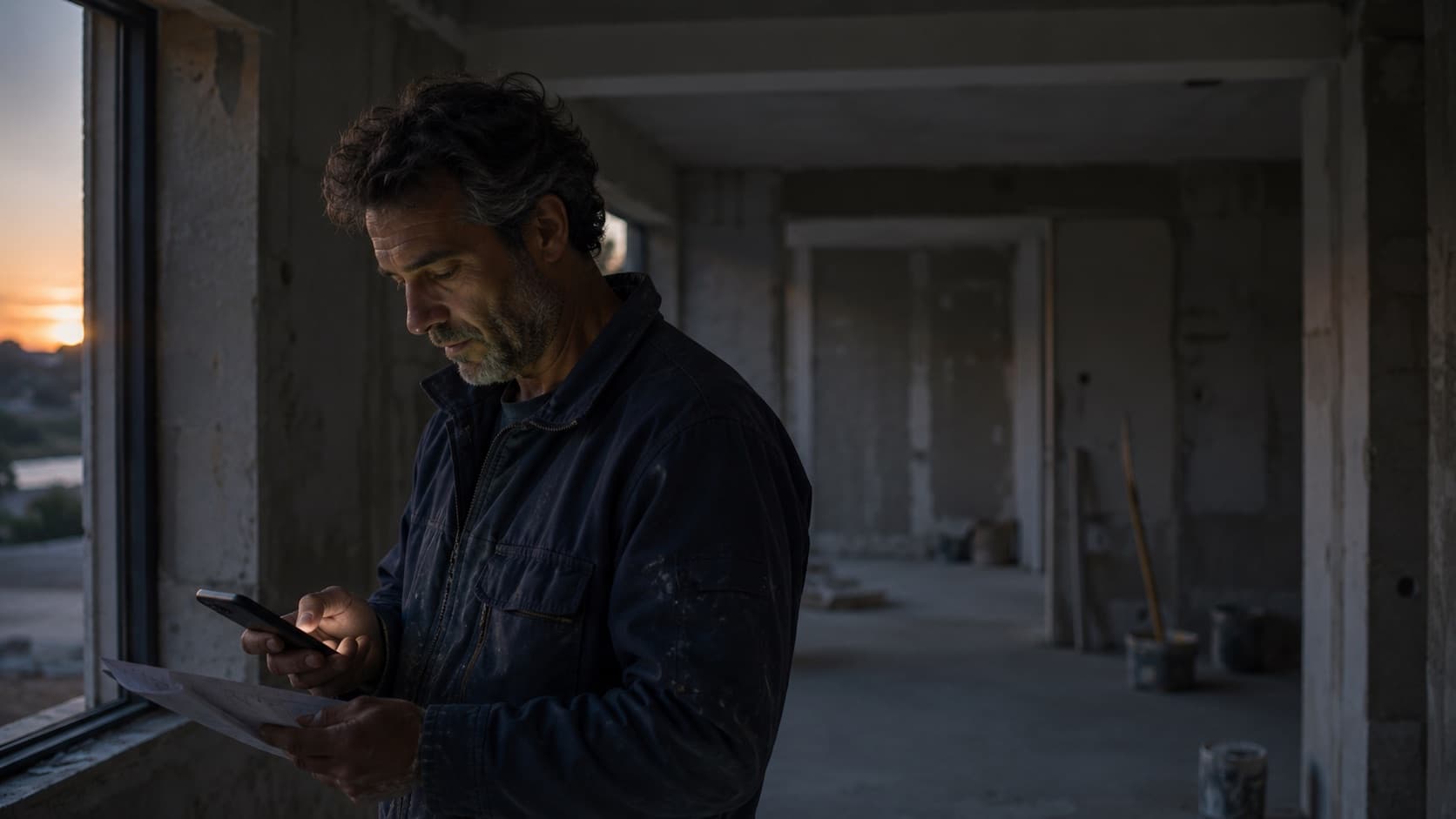 Artisan seul sur son chantier en fin de journée, consultant son téléphone et un document.
