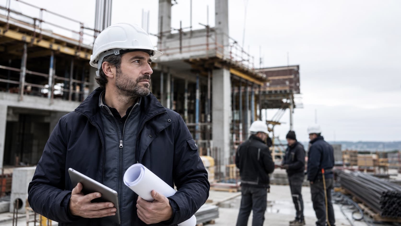 Conducteur de travaux coordonnant un chantier d'entreprise générale, tablette et plans en main.