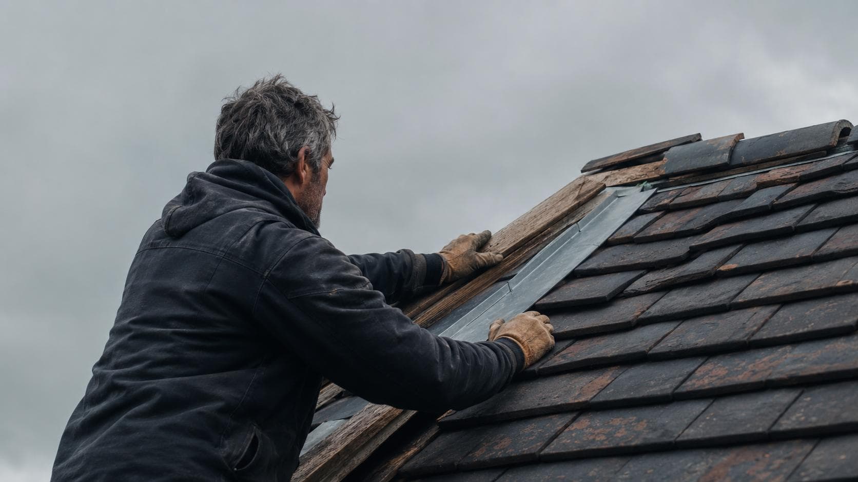 Couvreur au travail sur une toiture, tuiles et zinc, un jour de ciel gris.