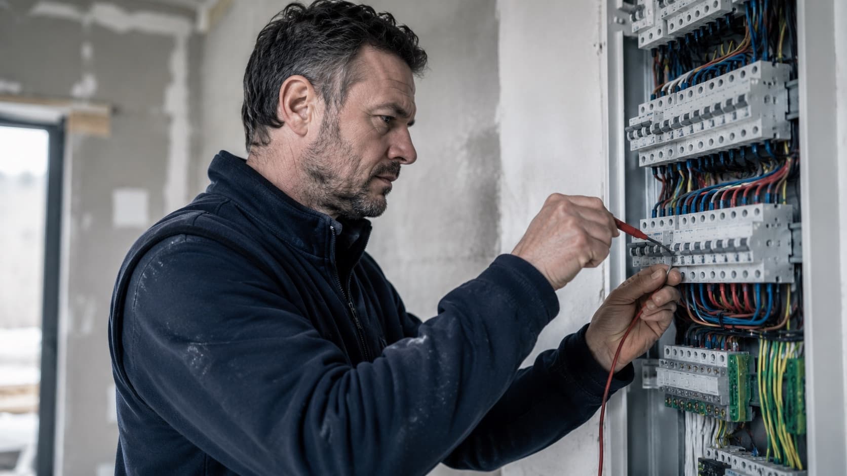 Électricien au travail sur un tableau électrique, sur un chantier.