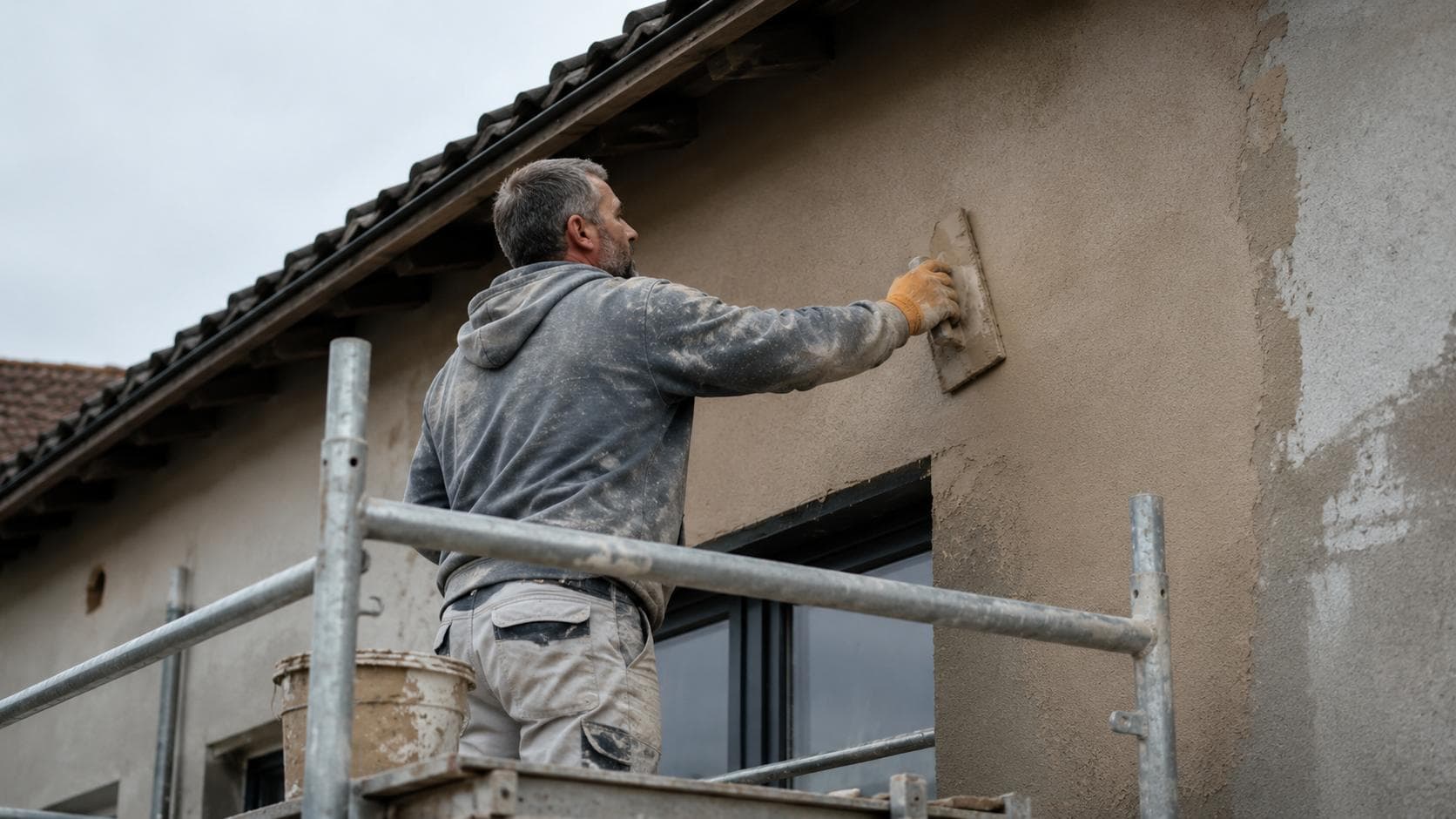 Façadier appliquant un enduit sur une façade à la taloche, depuis un échafaudage.