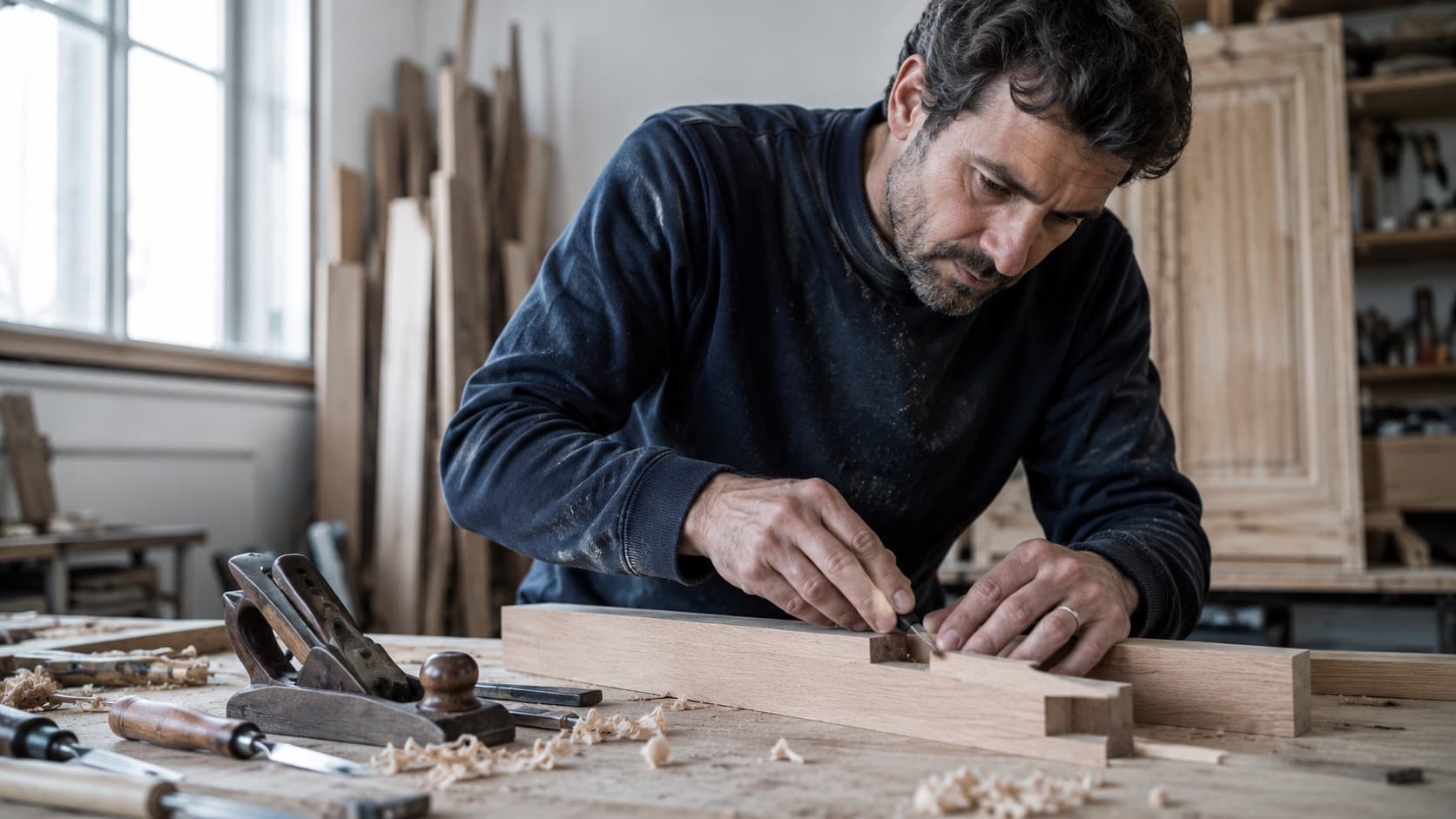 Menuisier à l'établi, traçant un assemblage sur du bois massif dans son atelier.