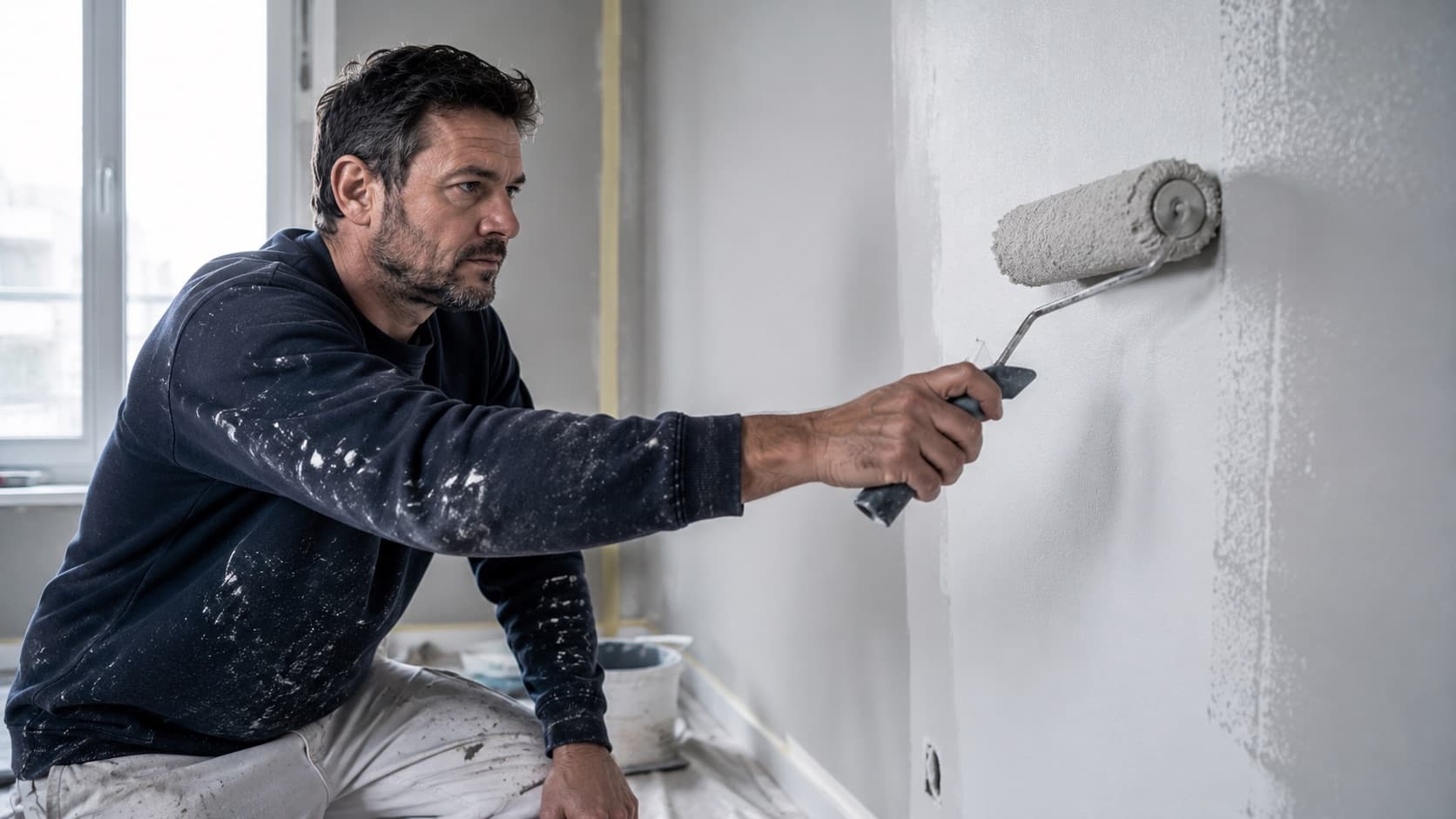 Peintre en bâtiment appliquant une couche au rouleau sur un mur intérieur.