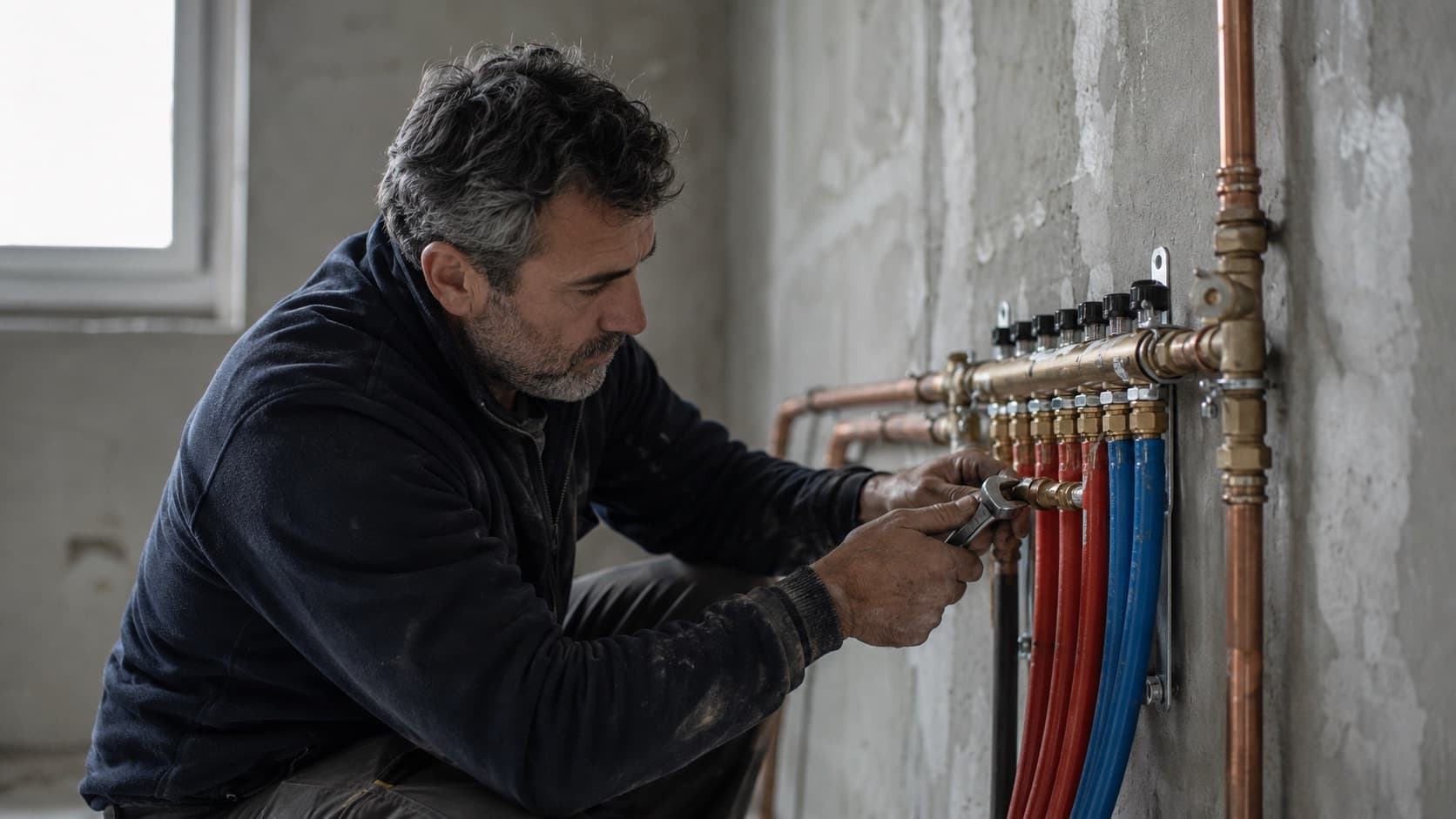 Plombier-chauffagiste raccordant une nourrice à la clé sur un mur de chantier.