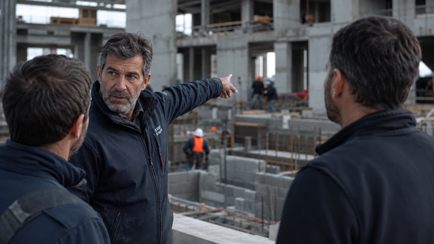 Conducteur de travaux désignant un point du chantier en briefant deux compagnons, un grand chantier béton derrière.