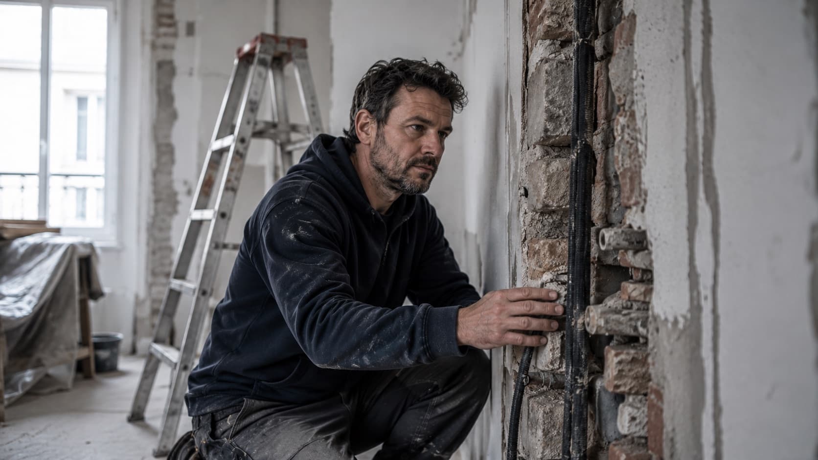 Rénovateur inspectant un mur ouvert sur un chantier de rénovation.