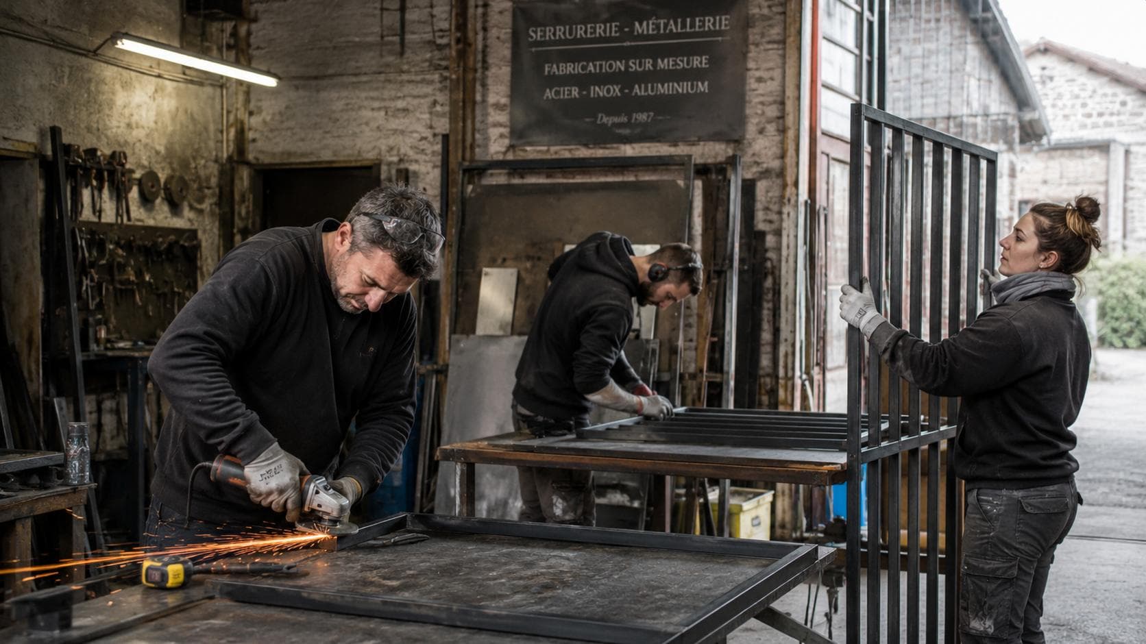 Serrurier-métallier soudant une structure métallique en atelier, garde-corps.