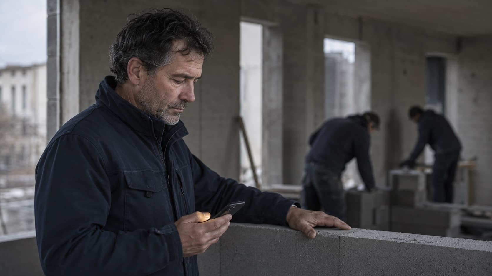 Dirigeant d'une TPE du bâtiment consultant son téléphone sur le chantier, son équipe au travail derrière.